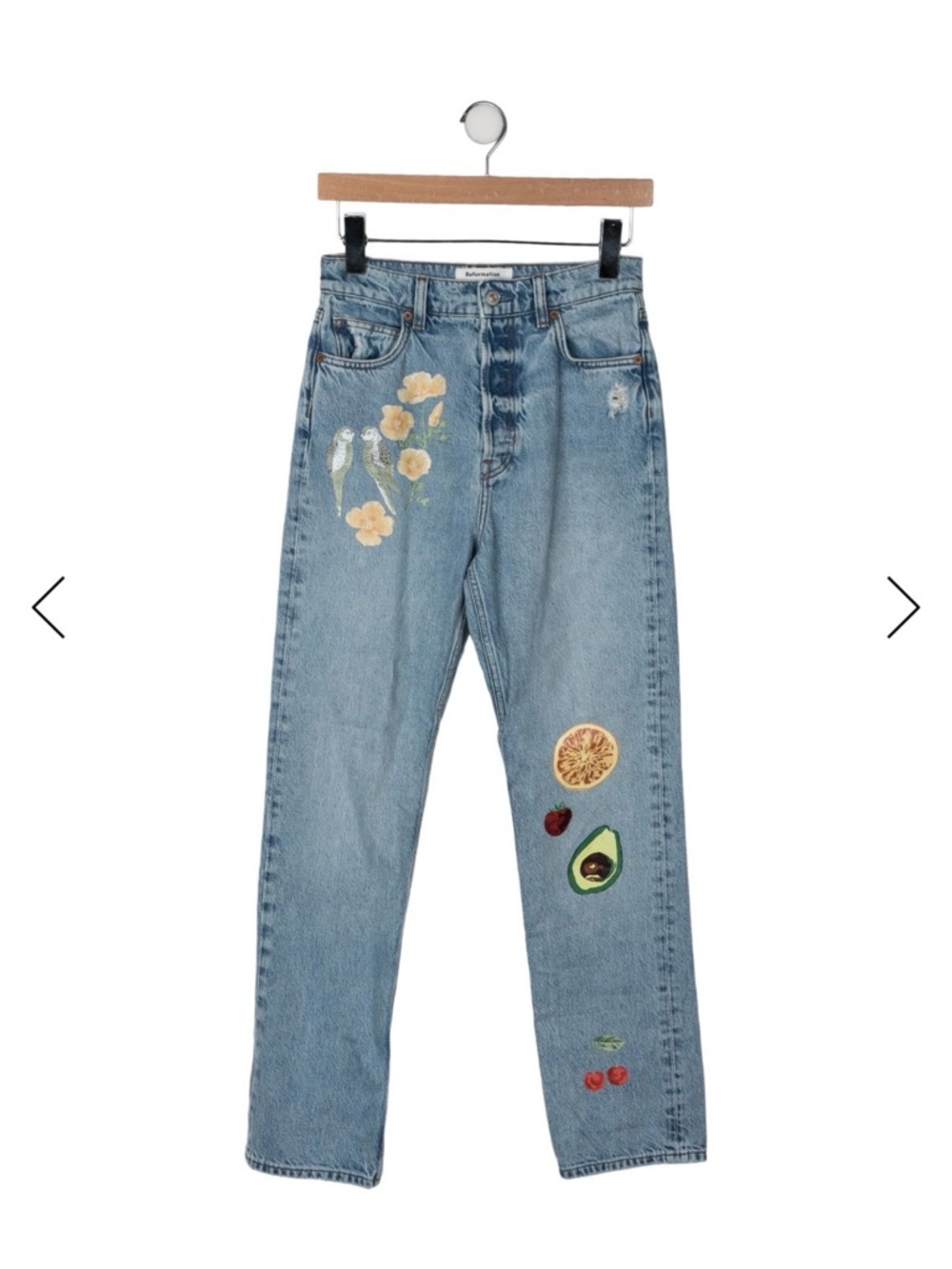 Reformation Light Blue Straight-Leg Jeans with Fruit & Floral Embroidery